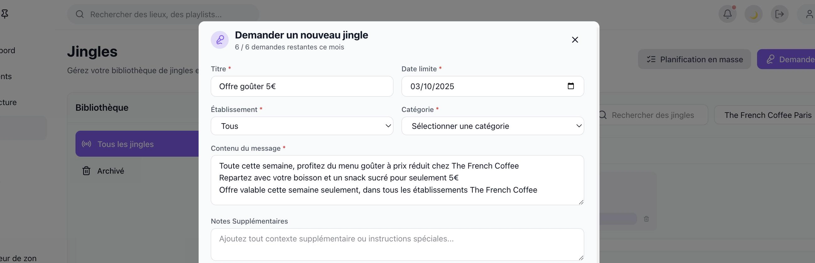 Formulaire « Demander un nouveau jingle » dans le dashboard Horra