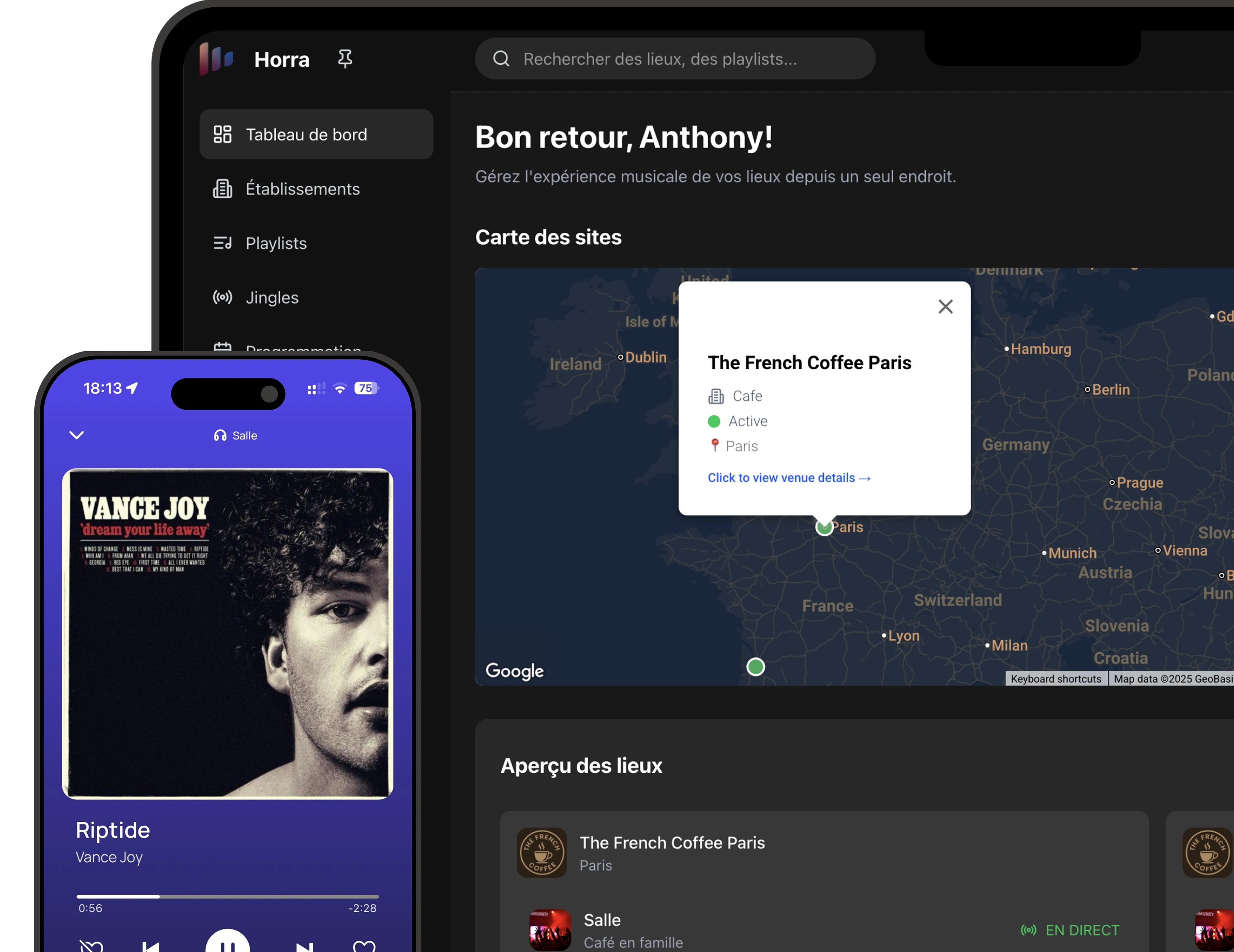 Aperçu de l'application Horra : tableau de bord multi-sites et lecteur mobile